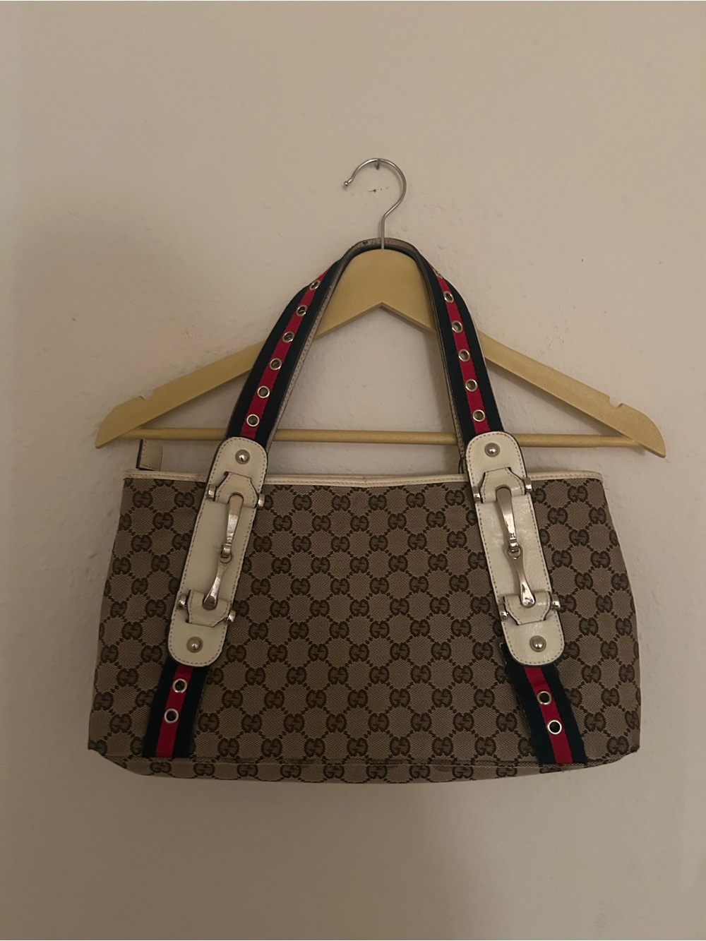 Authentic Classic Gucci Monogram Tote in Brown with Red-Blue Straps